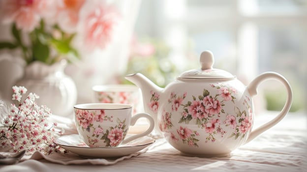 AI generated An elegant tea set featuring delicate porcelain cups, saucers, and a floral teapot photo