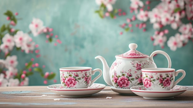 AI generated An elegant tea set featuring delicate porcelain cups, saucers, and a floral teapot photo
