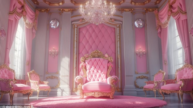AI generated A regal pink throne adorned with gemstones takes center stage in a lavish photo