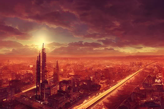 Hotel building and city construction concept. evening outdoor urban view of modern real estate. Generative AI illustration. photo