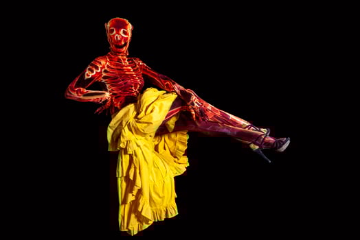 sensual woman dressed in a skeleton costume floating in the air wearing a yellow skirt photo