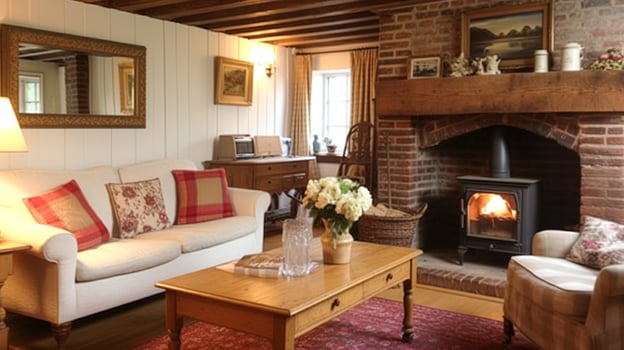 AI generated Farmhouse cottage interior design, home decor, sitting room and living room, sofa and furniture in English country house style photo