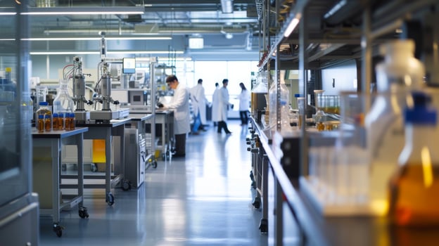 AI generated a modern laboratory with scientists at work studying innovative technologies photo