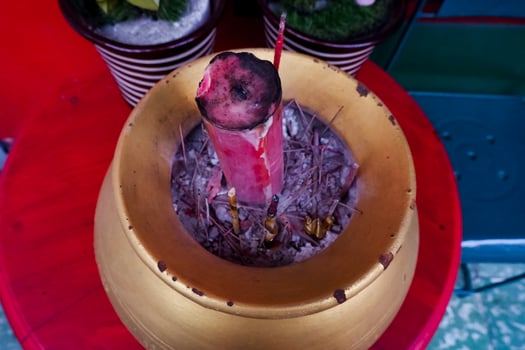 Selective focus of incense and candles used for worship. Great for Chinese New Year celebrations. photo