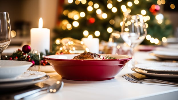 AI generated Dishware and crockery set for winter holiday family dinner, Christmas homeware decor for holidays in the English country house, gift set and home styling photo