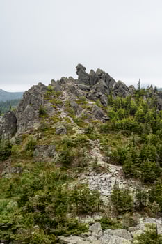 Magnificent view of the mountainous hill with sharp peaks. There is not a cloud in the sky, bright green firs grow on the mountain. photo