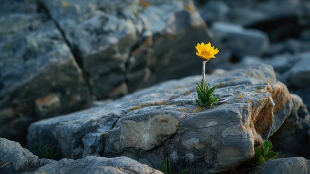AI generated A solitary flower blooms amidst rugged rocks, nature's resilient beauty in harsh terrain, Ai Generated photo