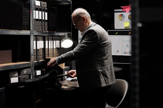 Old private investigator packing laptop up in suitcase after finishing investigation case. Senior detective in archive room office filled with confidential folders on bookshelves photo
