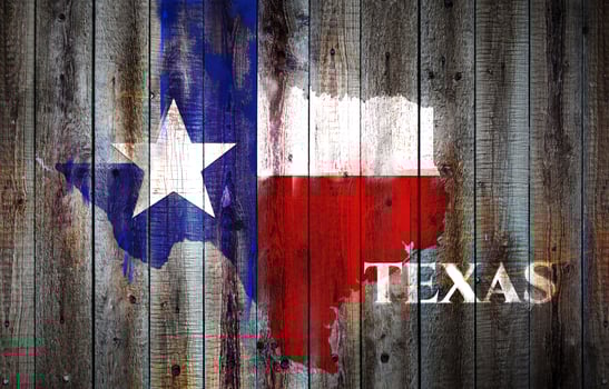 Texas flag and map on old wood plank background photo