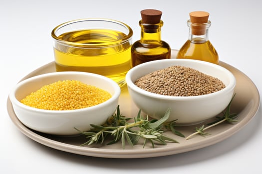 AI generated sesame oil extract with isolated kitchen table professional advertising food photography photo