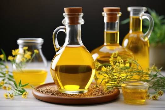 AI generated sesame oil extract with isolated kitchen table professional advertising food photography photo