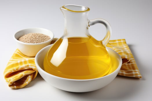 AI generated sesame oil extract with isolated kitchen table professional advertising food photography photo