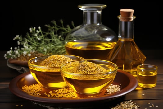 AI generated sesame oil extract with isolated kitchen table professional advertising food photography photo