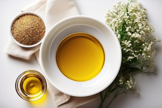 AI generated sesame oil extract with isolated kitchen table professional advertising food photography photo