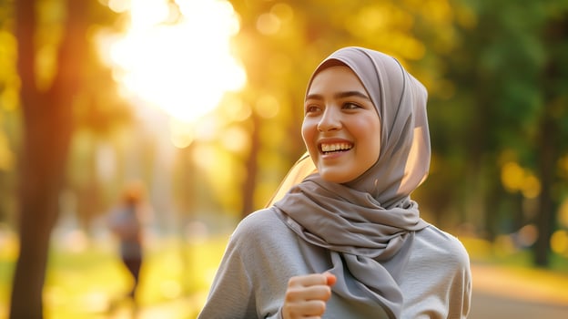 AI generated A Muslim woman in a hijab is jogging in the park. Portrait of an Islamic woman doing sports in close-up. Photorealistic nature background with bokeh effect. AI generated. photo