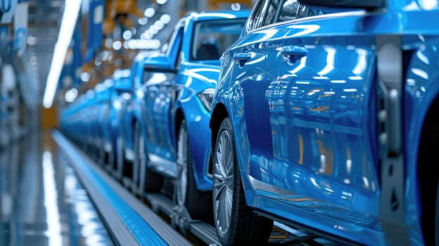 AI generated automotive industry, blue cars on the assembly line photo