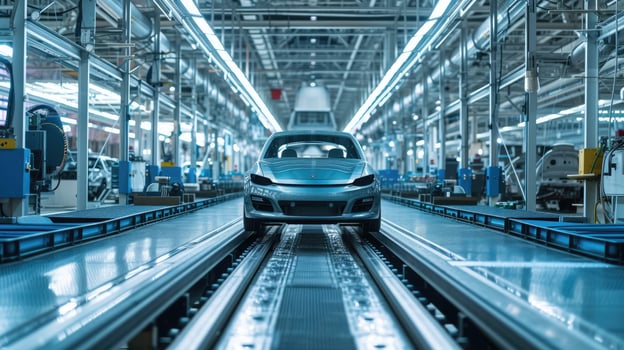 AI generated a blue car is on the assembly line in an assembly plant photo