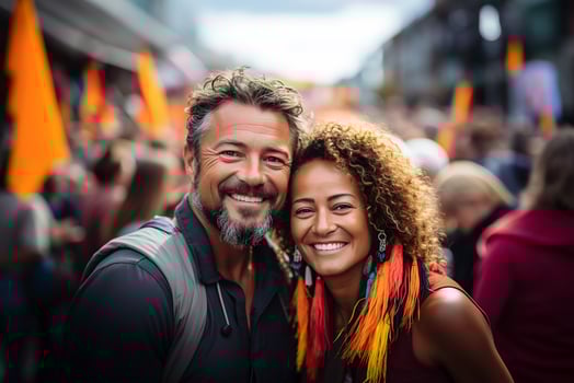 AI generated A cheerful couple with warm smiles celebrating together at a vibrant outdoor festival photo