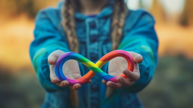 AI generated girl is holding rainbow infinity symbol. Neurodiversity awareness concept. photo