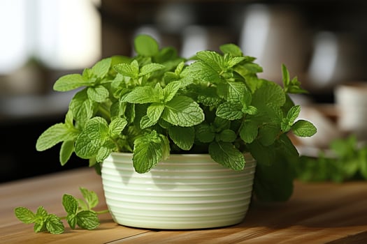AI generated Fresh mint in a white pot in the kitchen. Generated by artificial intelligence photo