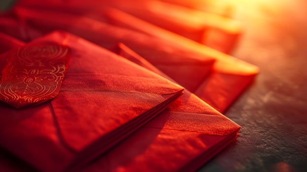 AI generated Close-up photographs of red envelopes filled with money photo