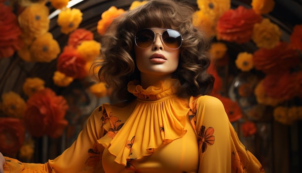 AI generated A beautiful young woman in a fashionable dress, smiling outdoors generated by AI photo