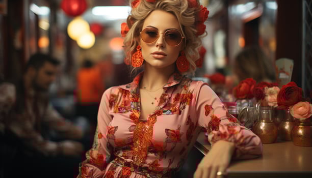 AI generated A beautiful young woman, confident and fashionable, sitting outdoors generated by AI photo