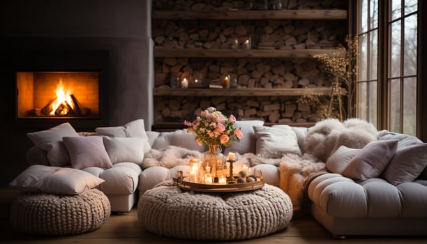 AI generated Cozy living room with modern decoration, illuminated by candlelight generated by AI photo