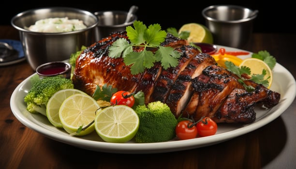 AI generated Grilled meat, gourmet plate, cooked freshness, healthy eating, tomato salad generated by AI photo