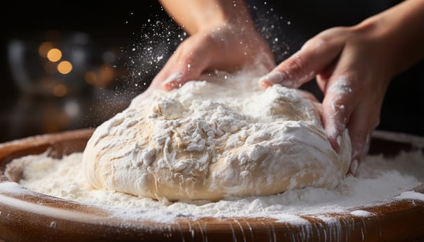 AI generated A baker hand kneading dough on a wooden table generated by AI photo