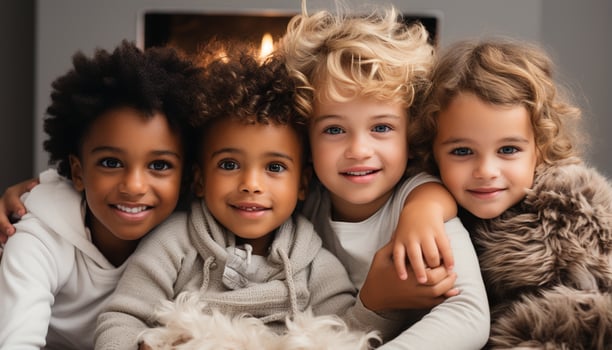 AI generated Smiling girls, cute boys, cheerful childhood, happiness indoors, portrait of togetherness generated by AI photo