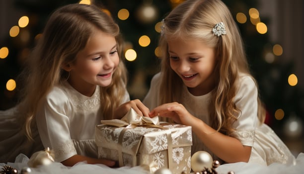 AI generated Cute girls smiling, celebrating Christmas, decorating tree with family generated by AI photo