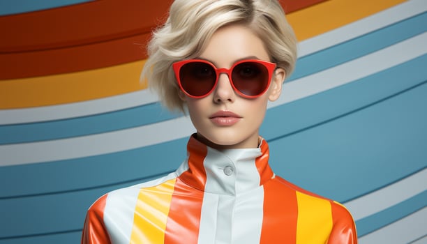 AI generated A fashionable young woman, with blond hair and sunglasses, looking at the camera with a cheerful smile, symbolizing patriotism and beauty generated by AI photo