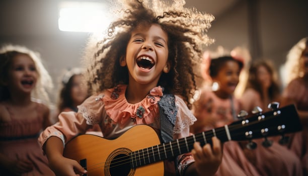 AI generated Girls playing guitar, smiling, happiness, childhood fun, musician indoors generated by AI photo