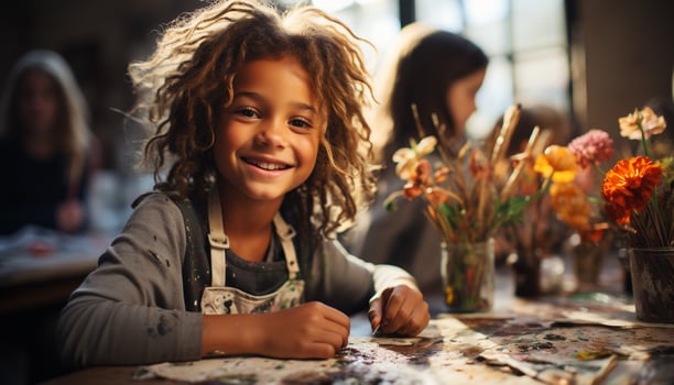 AI generated Smiling child and girls indoors, cheerful females enjoying creativity generated by AI photo
