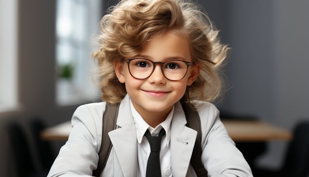 AI generated Smiling Caucasian girl, cute and cheerful, sitting indoors, looking at camera generated by AI photo