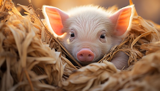 AI generated Cute piglet on a farm, surrounded by nature growth generated by AI photo