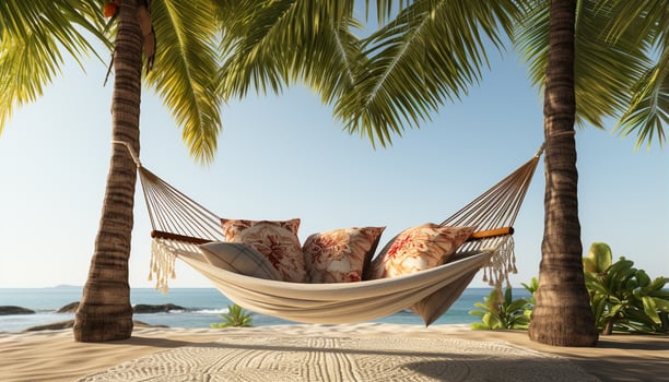 AI generated Relaxing summer vacations in tropical paradise, palm trees and hammocks generated by AI photo