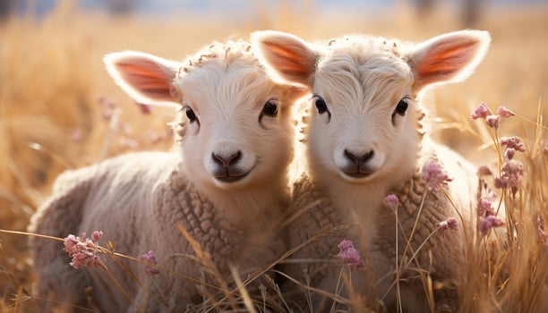 AI generated Cute young lamb grazing in green meadow at sunset generated by AI photo