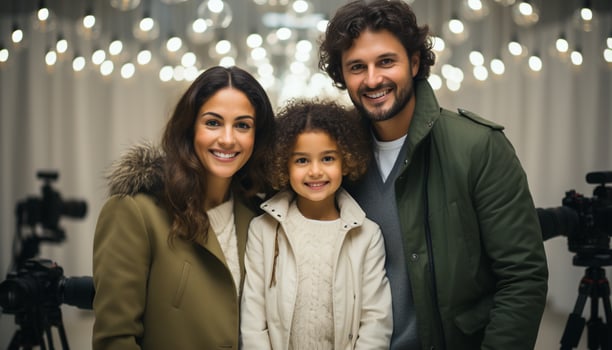 AI generated Smiling family, one child, adults, men, women, cheerful father, winter generated by AI photo