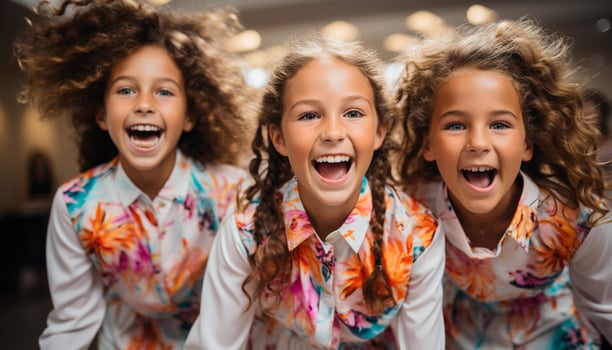AI generated Smiling child, cheerful girls and boys enjoy playful friendship generated by AI photo