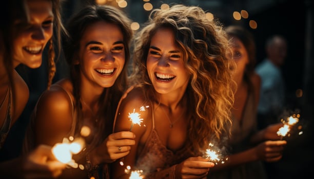 AI generated Smiling women enjoy cheerful celebration, night of fun and friendship generated by AI photo