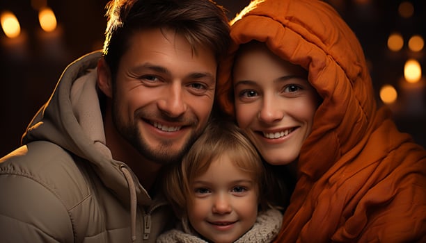AI generated Smiling family, one child, happiness, love, cheerful, togetherness, winter generated by AI photo