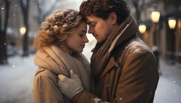 Young couple embracing in the winter, enjoying the snow together generated by AI photo