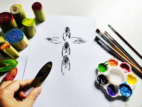 Art for kids beginner monoprint easy cross from banana tree . photo