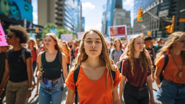 AI generated Women's march. Diverse participants walking down a street. Fight for women's rights. AI Generated photo