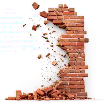 AI generated Red brick wall breaking apart, isolated on white - dynamic destruction, Ai Generated. photo