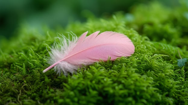 AI generated A serene photo of a light pink feather lying atop a mossy surface