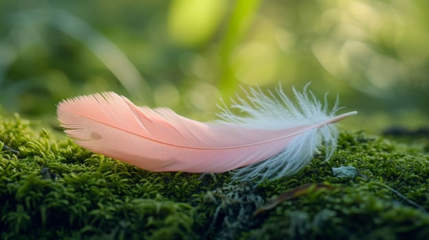 AI generated A serene photo of a light pink feather lying atop a mossy surface