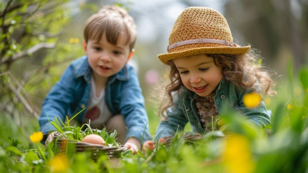 AI generated Playful scenes of children searching for hidden treasures amidst lush greenery on Easter Monday. photo